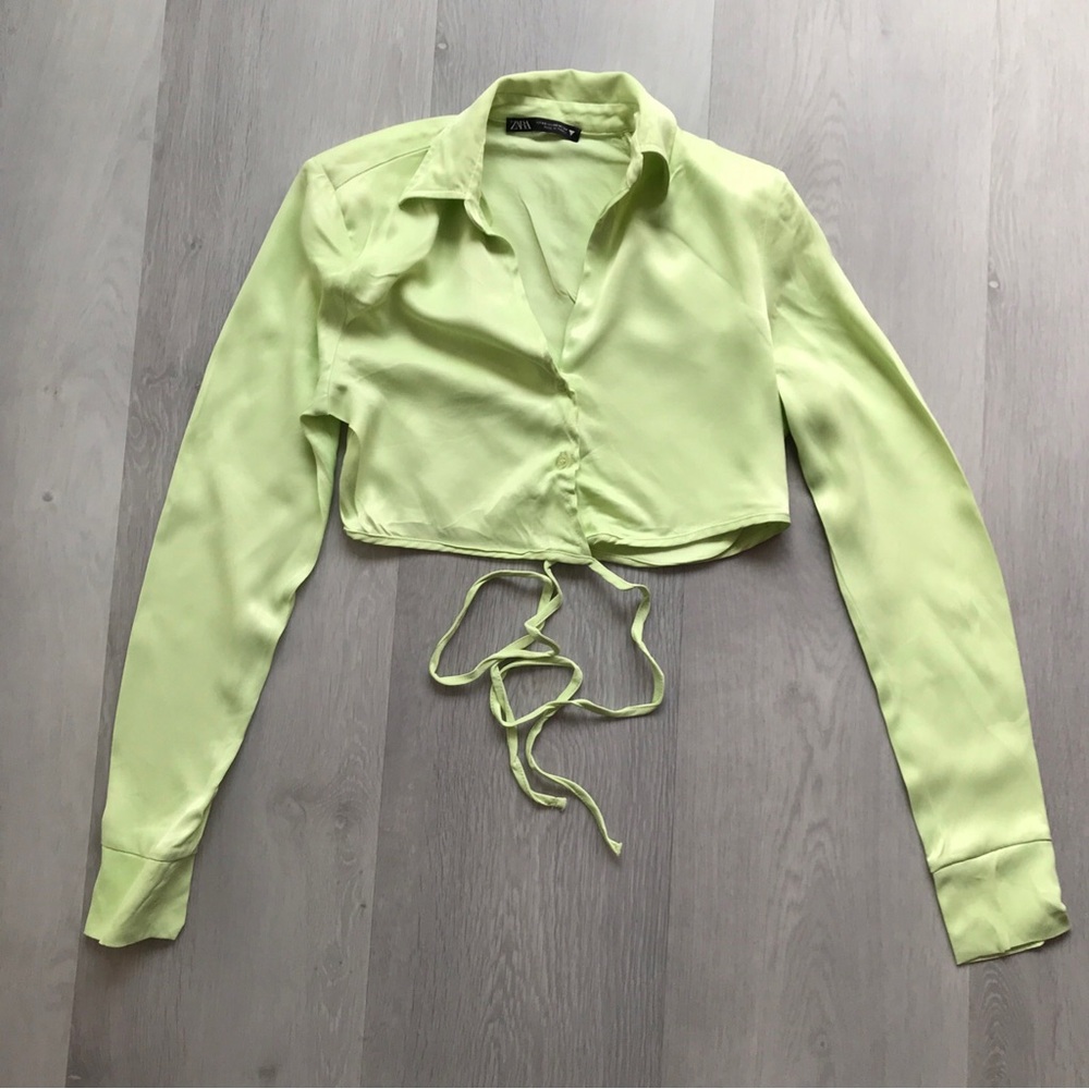 ZARA GREEN LIME SATIN CROP TOP BUTTON FRONT LONG SLEEVE TIE BELT WOMENS XS